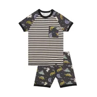 Organic Two Piece Short Pajama Set Black Astro Dinosaur Print