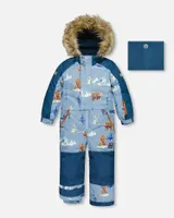 One Piece Snowsuit Blue With Bear Print