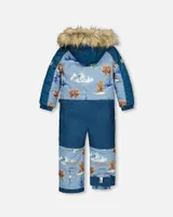 One Piece Snowsuit Blue With Bear Print