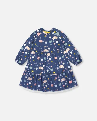 Printed Dress With Mesh Frill Navy Sleepy Cats