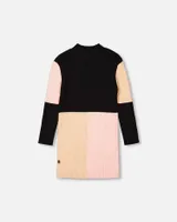 Color Block Knitted Sweater Dress Pink, Beige And Black