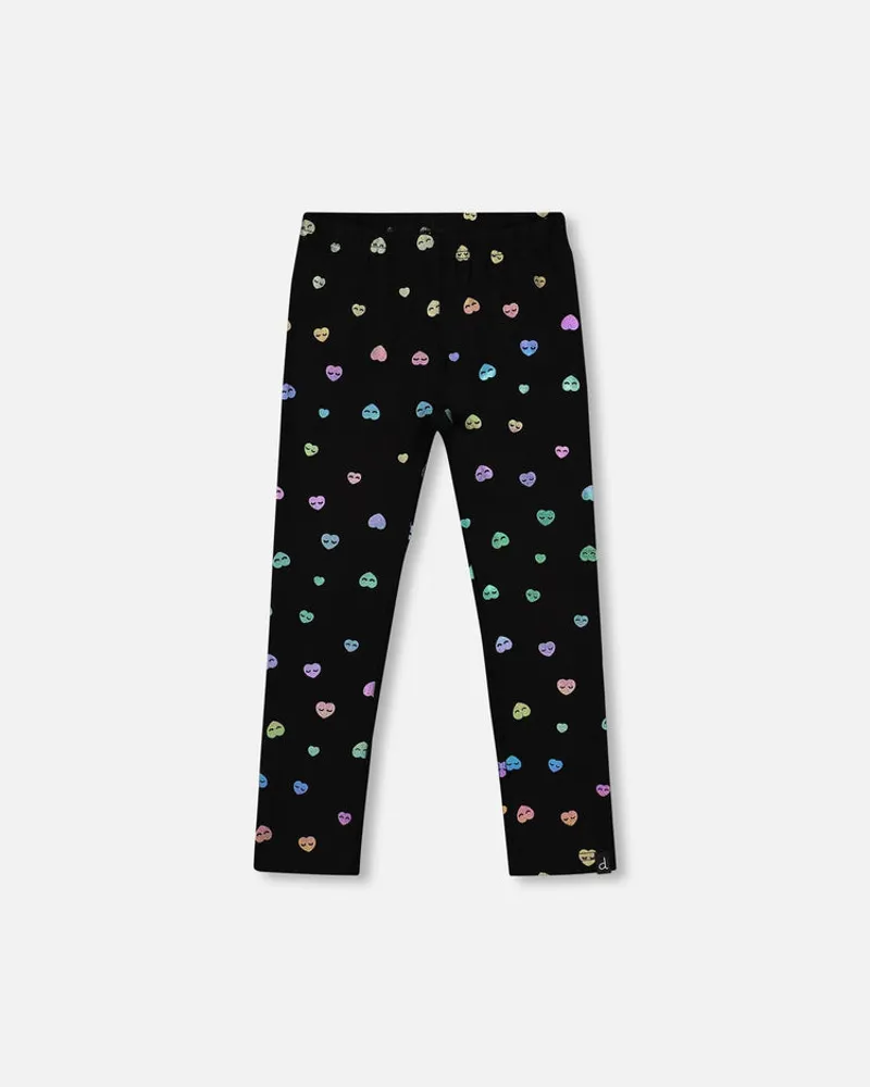 Jersey Stretch Leggings Black Colorful Hearts Foil Print