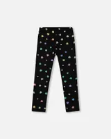 Jersey Stretch Leggings Black Colorful Hearts Foil Print