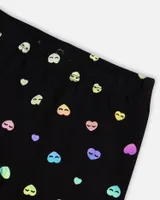 Jersey Stretch Leggings Black Colorful Hearts Foil Print