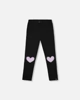 Jersey Stretch Black Leggings With Faux Fur Hearts Applique