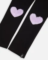 Jersey Stretch Black Leggings With Faux Fur Hearts Applique