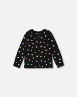 Long Sleeve T-Shirt Black Colorful Hearts Foil Print