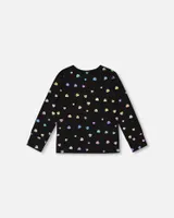 Long Sleeve T-Shirt Black Colorful Hearts Foil Print