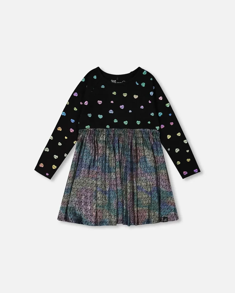 Bi-Material Long Sleeve Dress Black Metallic Fabric & Colorful Hearts Foil Print