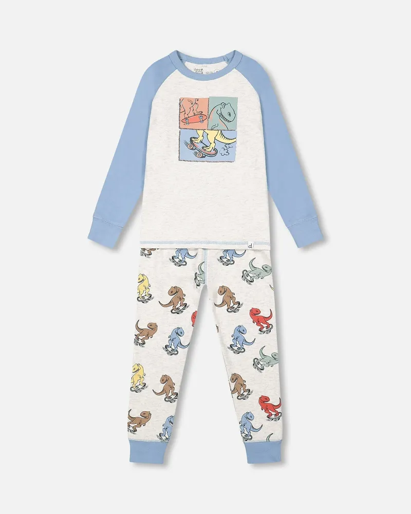 Organic Cotton Two Piece Pajama Set Oatmeal Mix Dinosaur Print