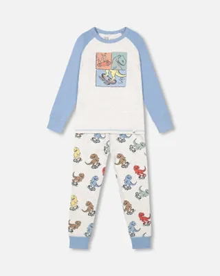 Organic Cotton Two Piece Pajama Set Oatmeal Mix Dinosaur Print