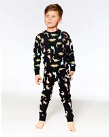 Organic Cotton Two Piece Pajama Set Black With Dinosaurs Print