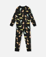 Organic Cotton Two Piece Pajama Set Black With Dinosaurs Print