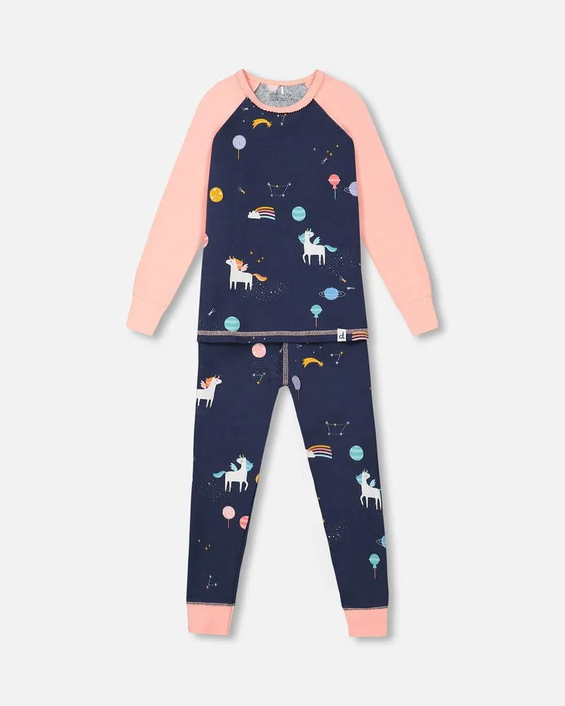 Organic Cotton Long Sleeve Two Piece Pajama Navy Unicorns Print