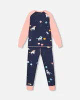 Organic Cotton Long Sleeve Two Piece Pajama Navy Unicorns Print