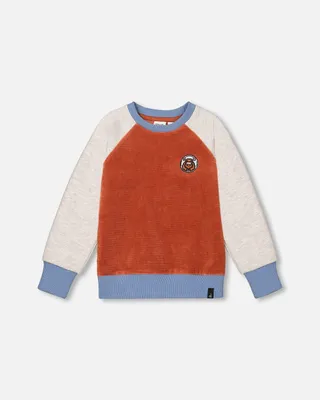 Color Block Raglan Velvet Rib Sweatshirt Burnt Orange