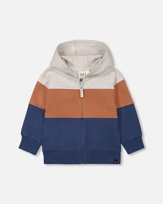 Full Zip Color Block Hooded Fleece Indigo Blue, Brown And Ivory Stripe