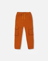 Stretch Twill Jogger Pants With Cargo Pockets Brown-Orange