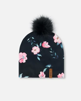 Printed Jersey Detachable Pompom Hat Black Rose Print