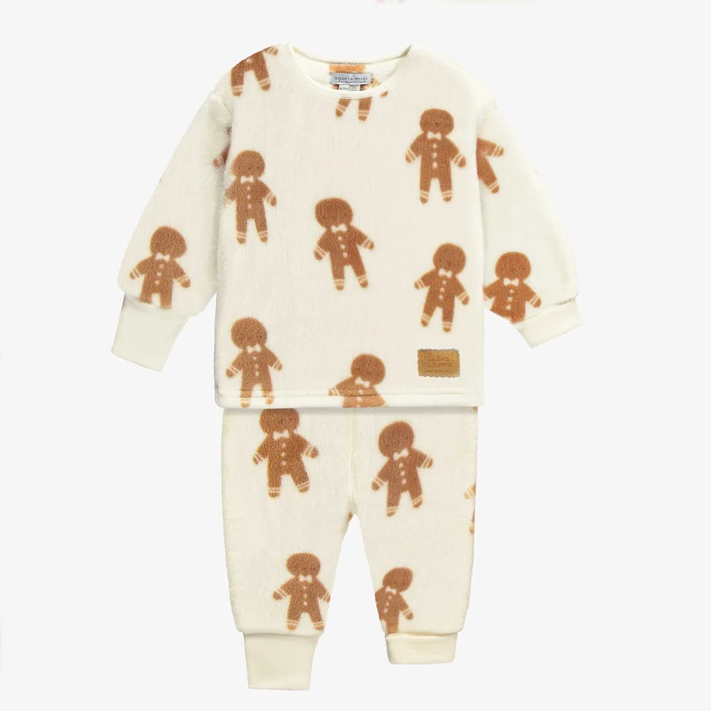 CREAM TWO-PIECES PAJAMA WITH AN ALL OVER PRINT OF GINGERMEN SOFT FLEECE, BABY