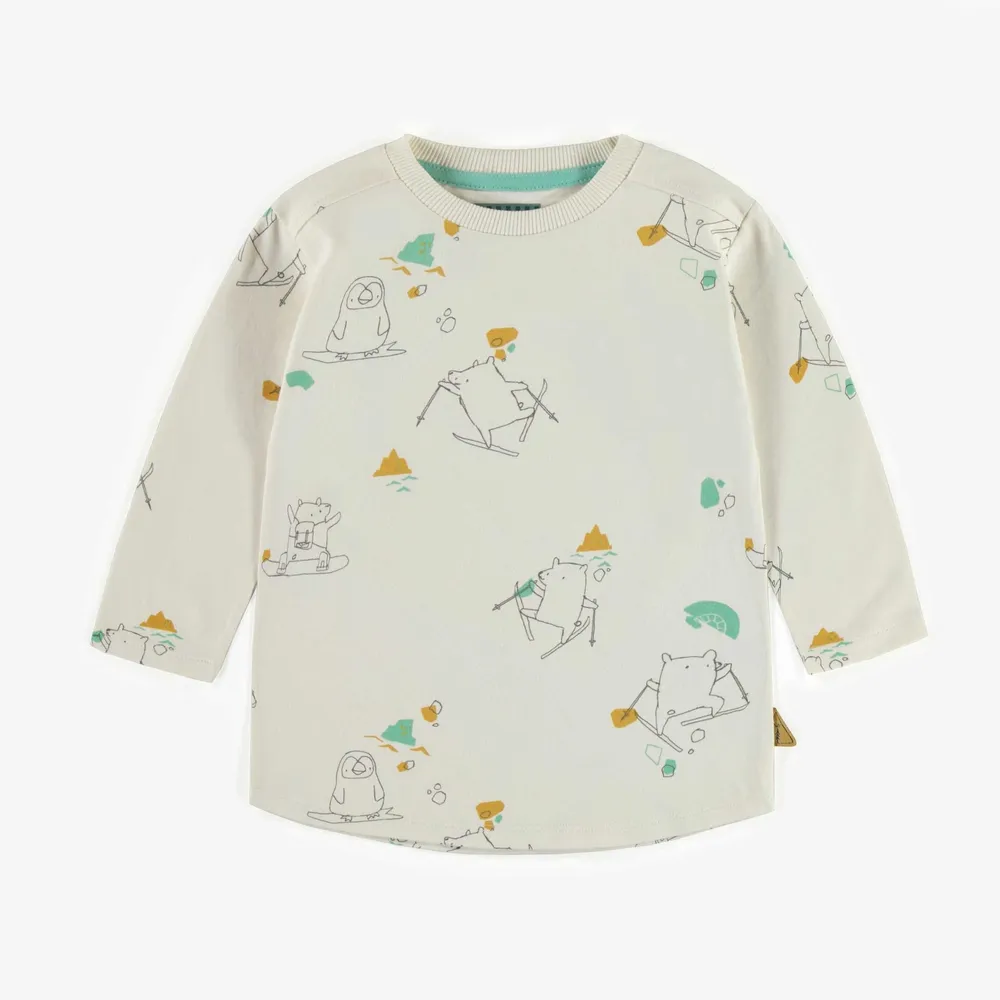 CREAM PATTERNED T-SHIRT WITH LONG SLEEVES AND JERSEY, BABY
