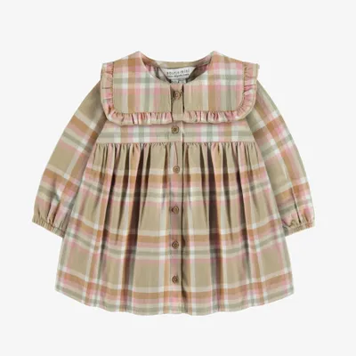 BEIGE AND PINK CHECKERED DRESS BRUSHED TWILL, BABY