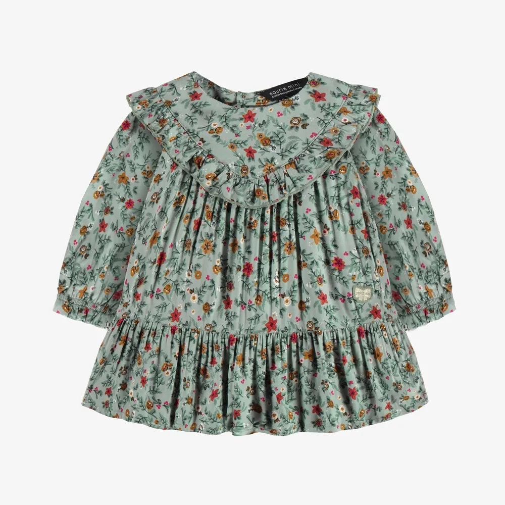 GREEN LONG SLEEVES DRESS WITH RUFFLE AND FLORAL PATTERN VISCOSE, BABY