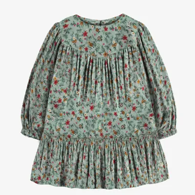 GREEN LONG SLEEVES DRESS WITH FLORAL PATTERN VISCOSE, CHILD
