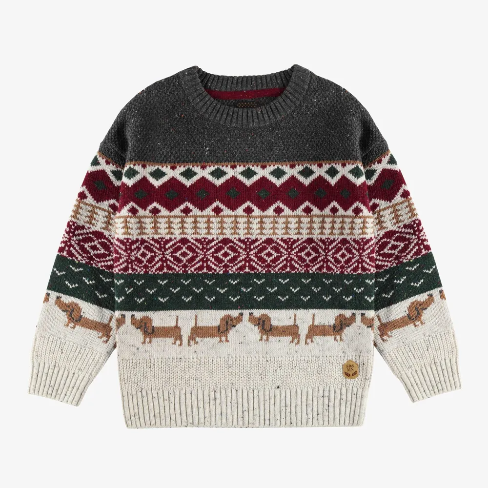 GRAY KNITTED SWEATER WITH COLORFUL JACQUARD PATTERN, CHILD