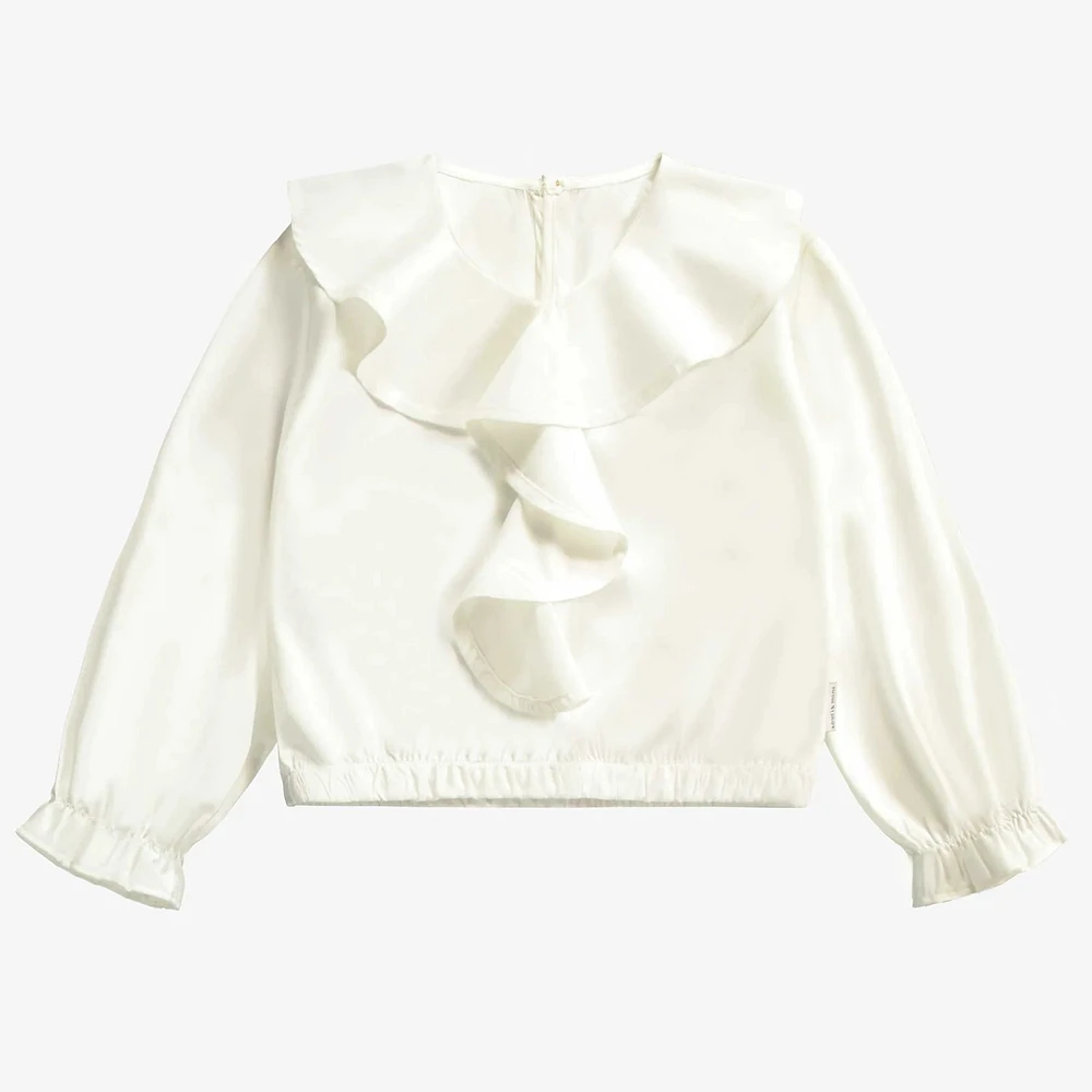 WHITE BLOUSE WITH JABOT COLLAR AND LONG SLEEVES MODAL SATIN EFFECT, CHILD