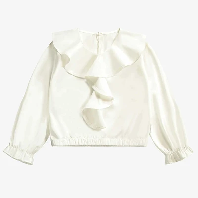 WHITE BLOUSE WITH JABOT COLLAR AND LONG SLEEVES MODAL SATIN EFFECT, CHILD