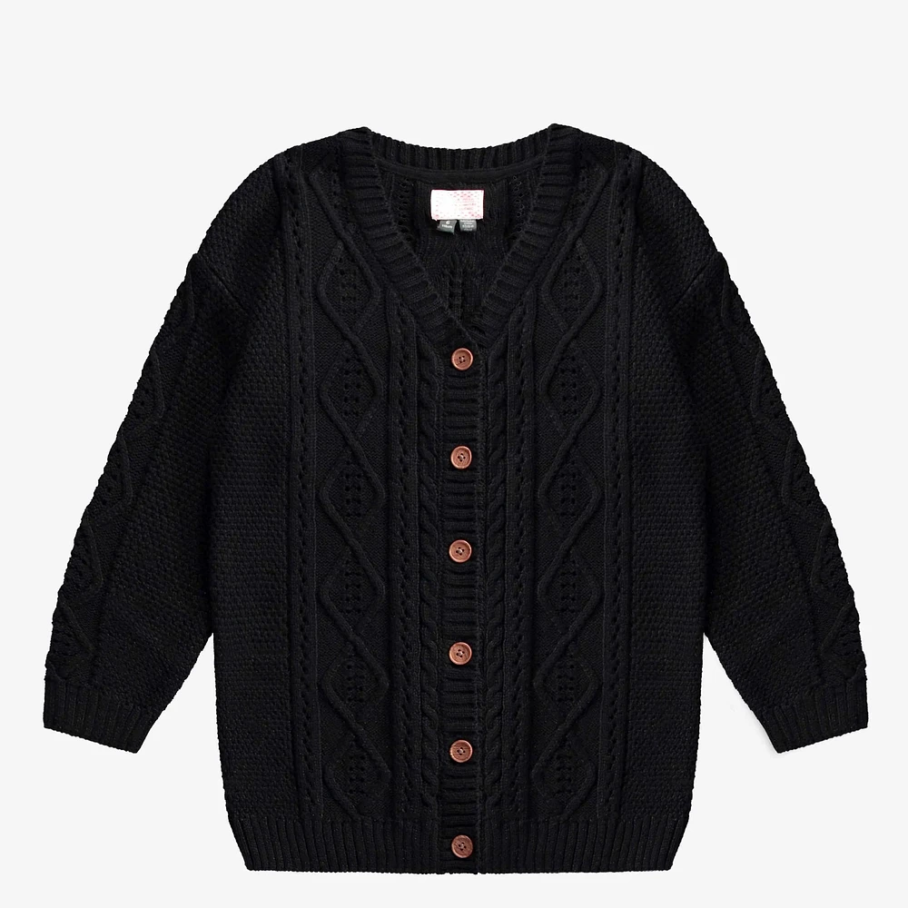 BLACK KNITTED CARDIGAN WITH BRAIDED PATTERN IMITATION CASHMERE, CHILD