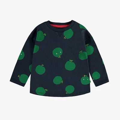 NAVY T-SHIRT WITH LONG SLEEVES AND GREEN APPLES PRINT JERSEY