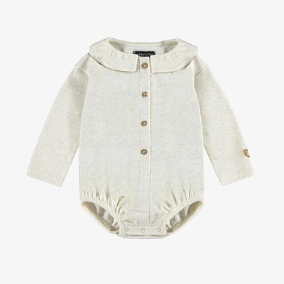 CREAM BODYSUIT WITH CLAUDINE COLLAR SHINY POINTELLE JERSEY, BABY