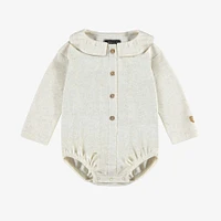 CREAM BODYSUIT WITH CLAUDINE COLLAR SHINY POINTELLE JERSEY, BABY