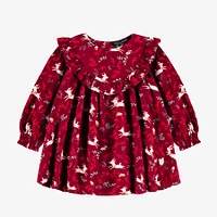 RED DRESS WITH RUFFLES AND REINDEER PRINT VISCOSE, BABY