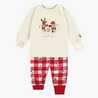 CREAM AND RED TWO PIECE PAJAMAS JERSEY WITH HOLIDAY ALL OVER PRINT PLAID