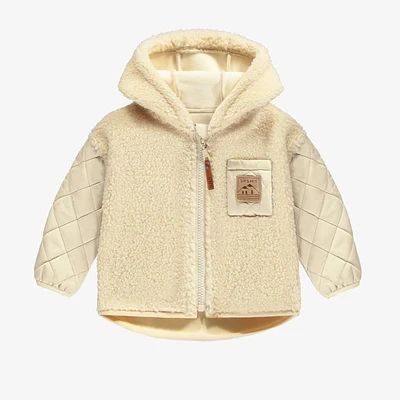 CREAM HOODED JACKET SHERPA AND PLUSH, BABY