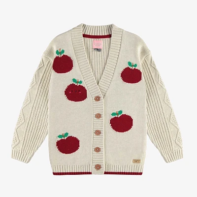 BEIGE KNITTED CARDIGAN RELAX FIT WITH A JACQUARD PRINT OF RED APPLES, CHILD