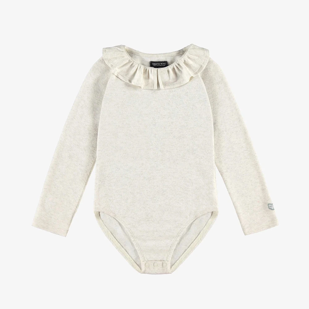 CREAM BODYSUIT WITH CLAUDINE COLLAR SHINY POINTELLE JERSEY, CHILD