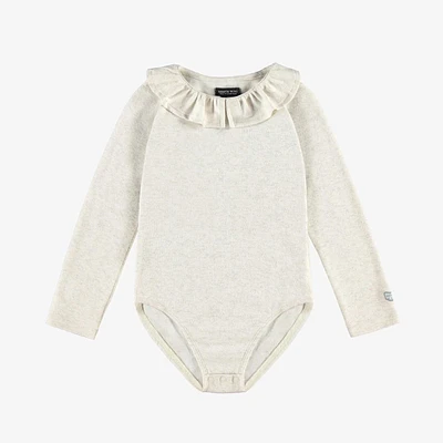 CREAM BODYSUIT WITH CLAUDINE COLLAR SHINY POINTELLE JERSEY, CHILD