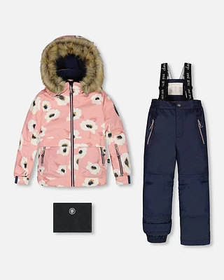 Two Piece Snowsuit Pink Printed Off White Flowers And Navy