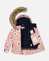 Two Piece Snowsuit Pink Printed Off White Flowers And Navy