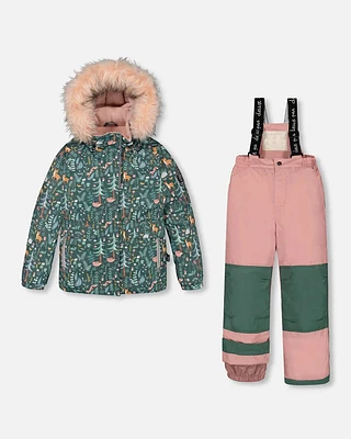 Two Piece Snowsuit Silver Pink Printed Woodland Animals