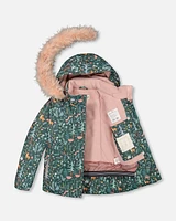 Two Piece Snowsuit Silver Pink Printed Woodland Animals