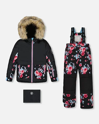 Two Piece Snowsuit Black Printed Roses