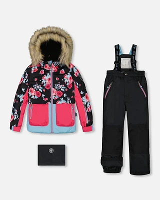 Two Piece Snowsuit Printed Roses With Solid Pant Black