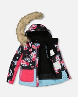 Two Piece Snowsuit Printed Roses With Solid Pant Black