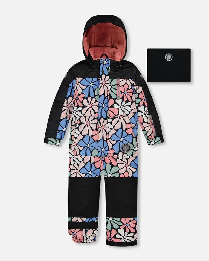 One Piece Snowsuit Printed Retro Flowers Blue