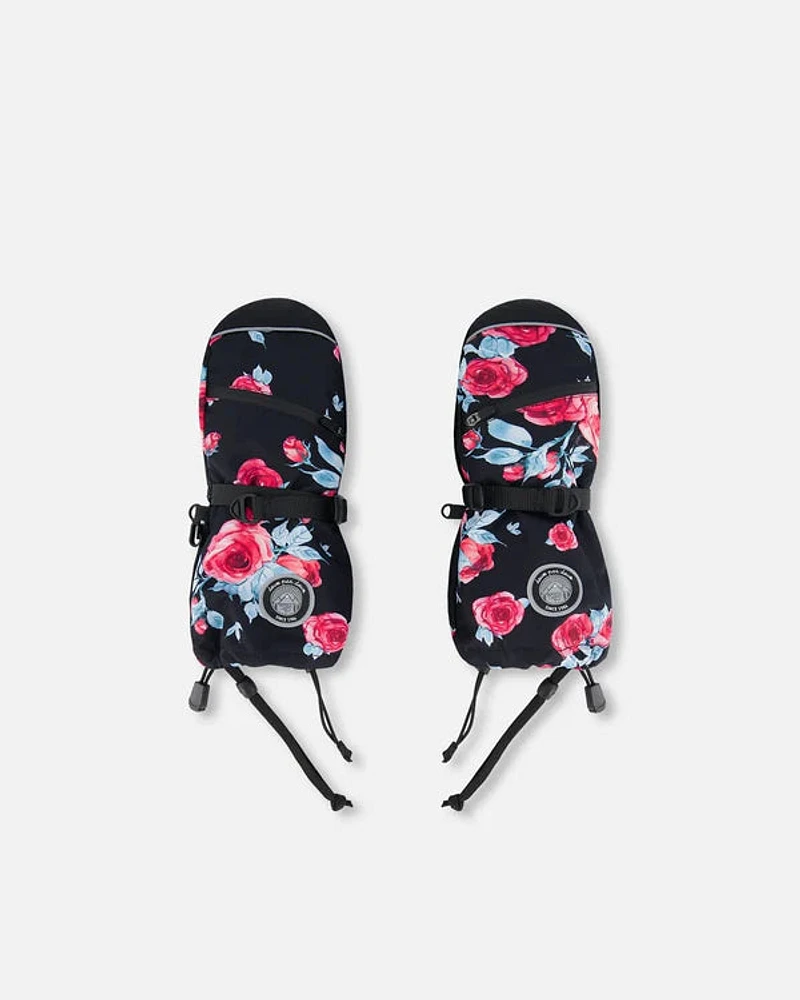 Technical Mittens Black Printed Roses